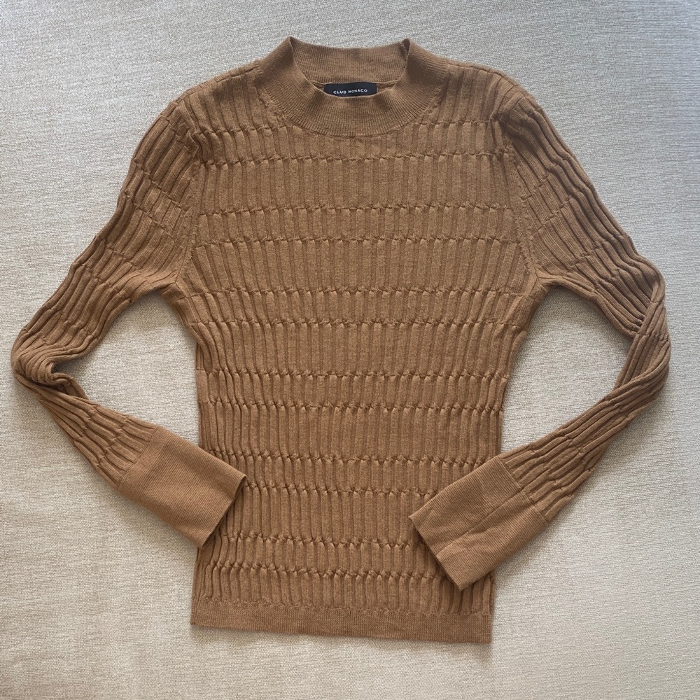 Club Monaco Signature Ribbed Mock Neck Sweater Wool Long Sleeve Camel Tan Size S - Picture 4 of 9
